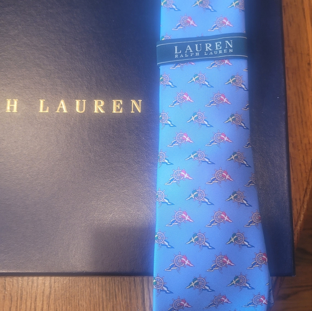 NWOT Ralph Lauren Blue Red White Yellow Silk Anchor Print Tie